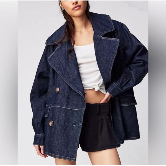 Free People Denim Jean jacket Long Sleeve Button Front Car Coat small NEW - Picture 4 of 7